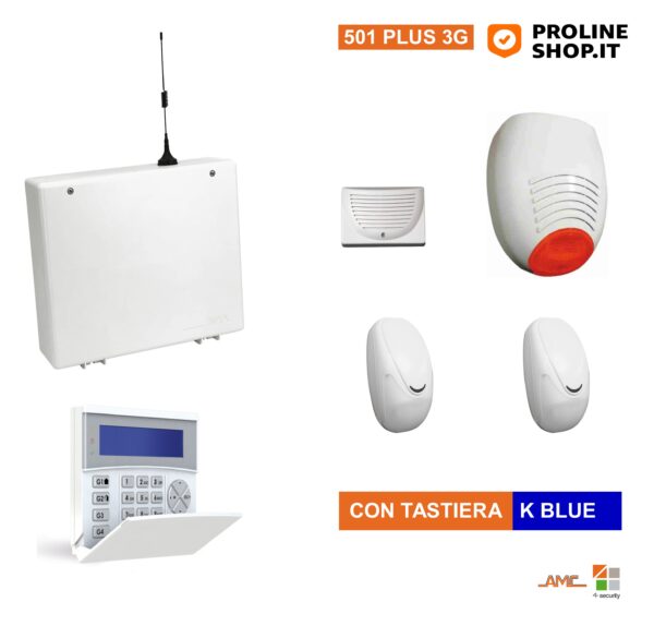 AMC Kit 501 PLUS 3G GSM Centrale 8/24 Zone + K-LCD BLUE,  Sensori e Sirene
