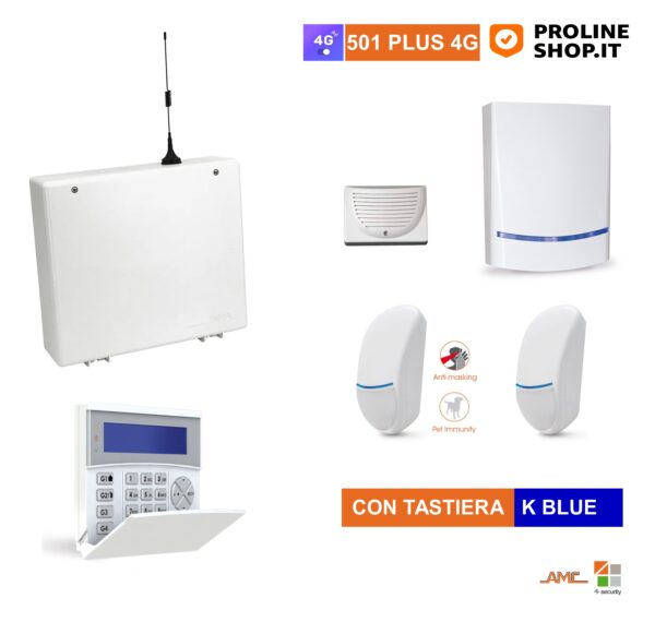 AMC Kit 501 PLUS 4G GSM Centrale 8/24 Zone + K-LCD BLUE,  Sensori e Sirene